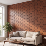 Hexagon gerookt eiken wandpaneel in moderne woonkamer
