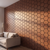 Hexagon gerookt eiken wandpaneel zijaanzicht met 3D diepte