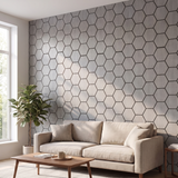 Hexagon grijs walnoot akoestisch wandpaneel in moderne woonkamer