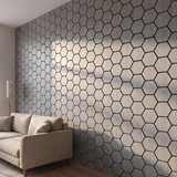 Hexagon grijs walnoot wandpaneel zijaanzicht met 3D diepte