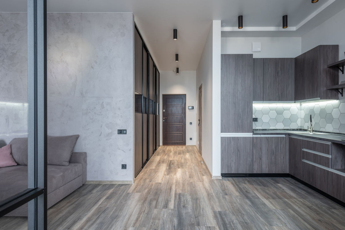 Narrow passage and contemporary kitchen interior with cabinets and cupboards against sofa at home