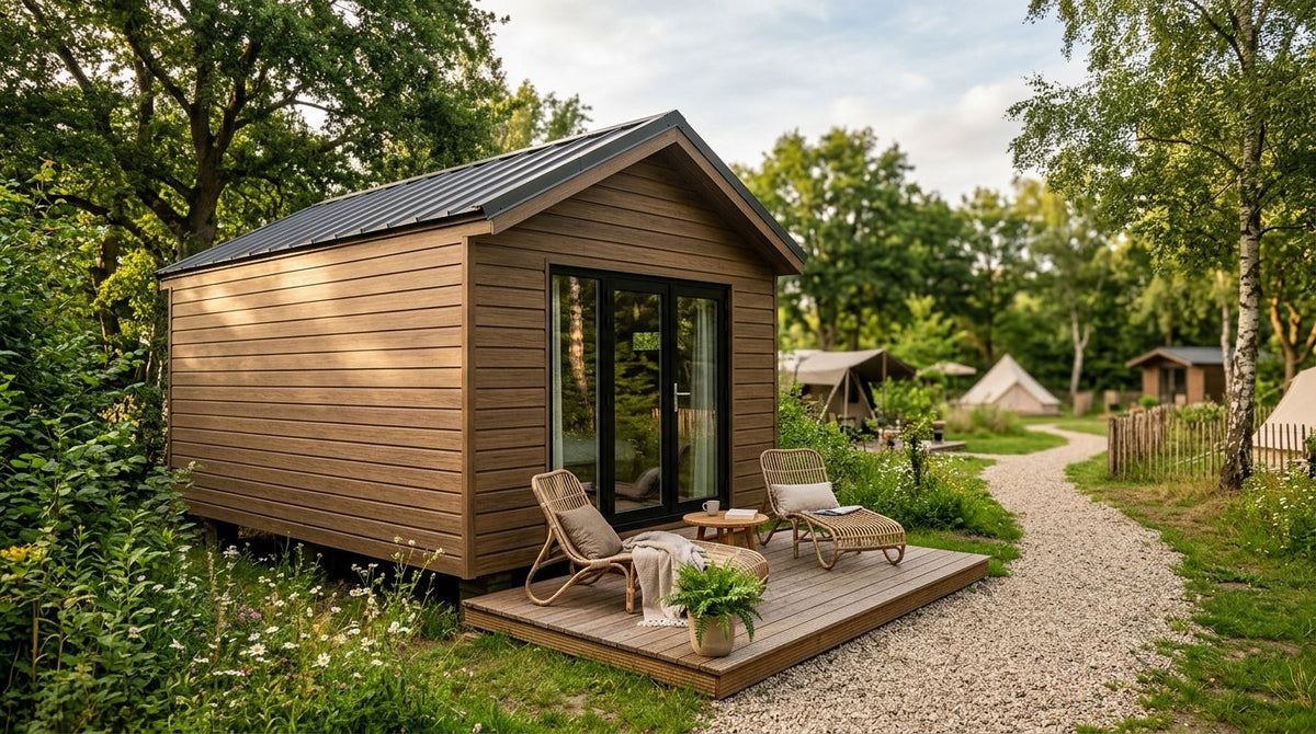 Composiet gevelbekleding voor een minicamping of glamping