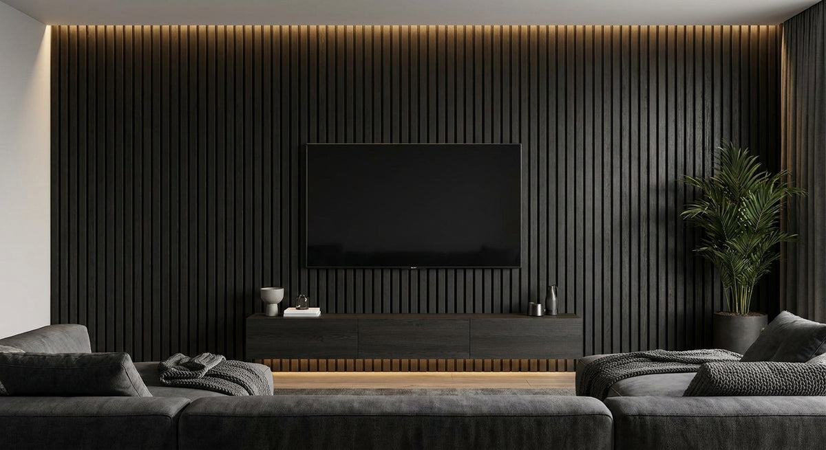 Akupanel zwart eiken voor muur en tv-wand