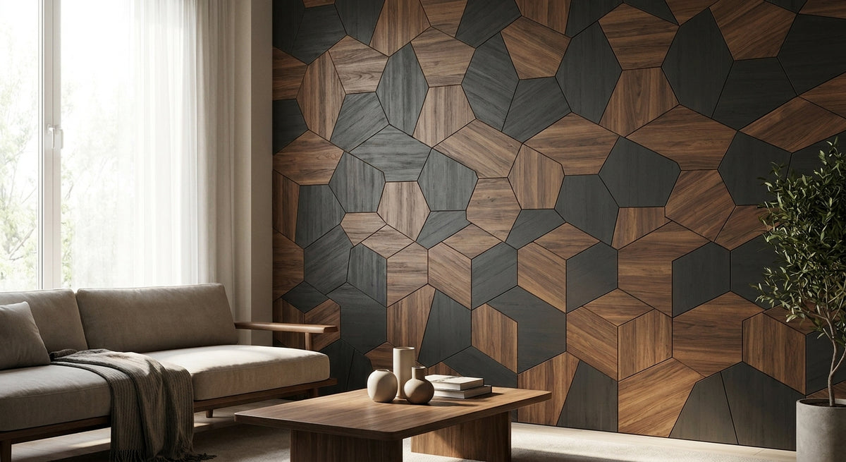 Hexagon grijs walnoot paneel voor accent wand