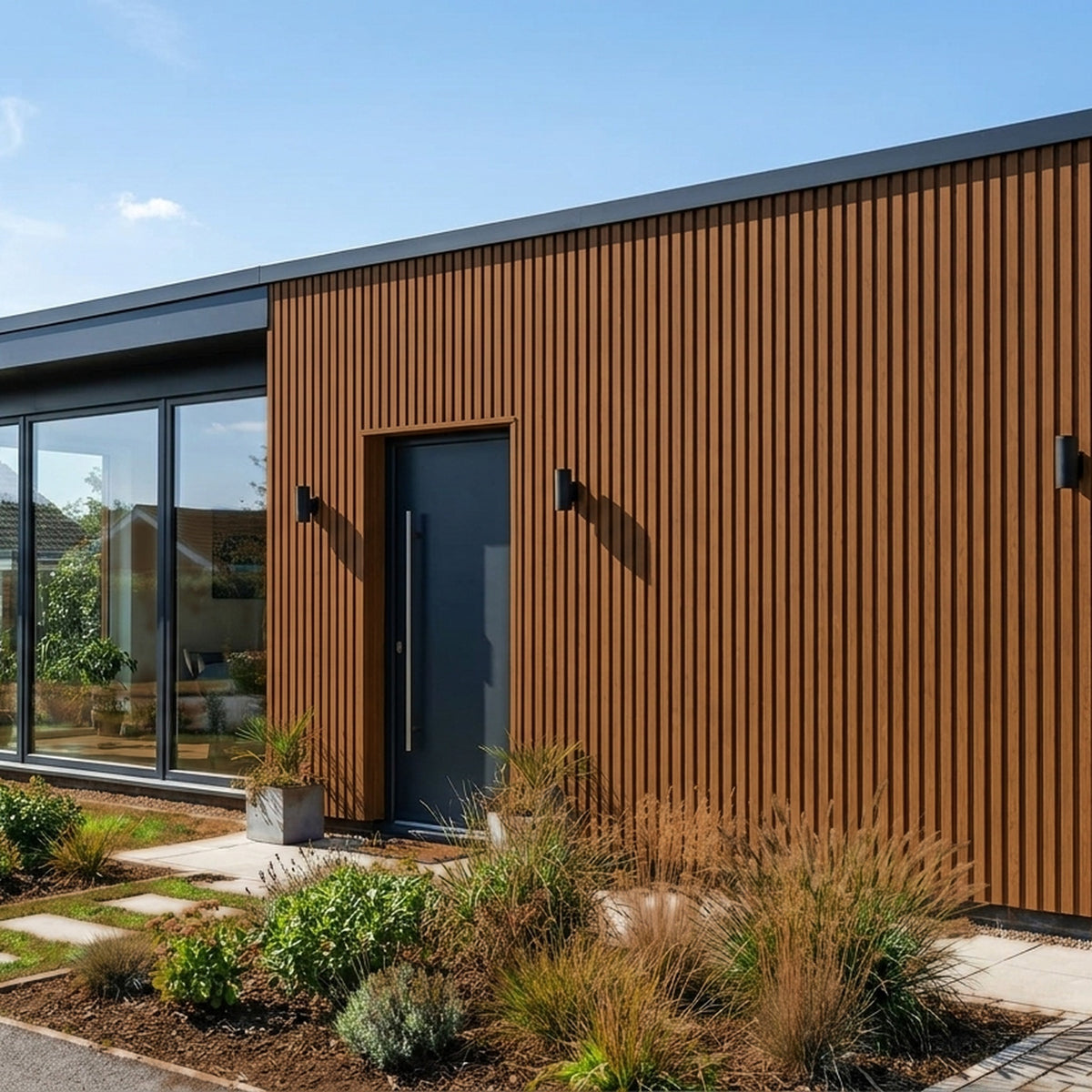 Buitenpanel Eiken 290 cm composiet gevelbekleding op de gevel van een bungalow