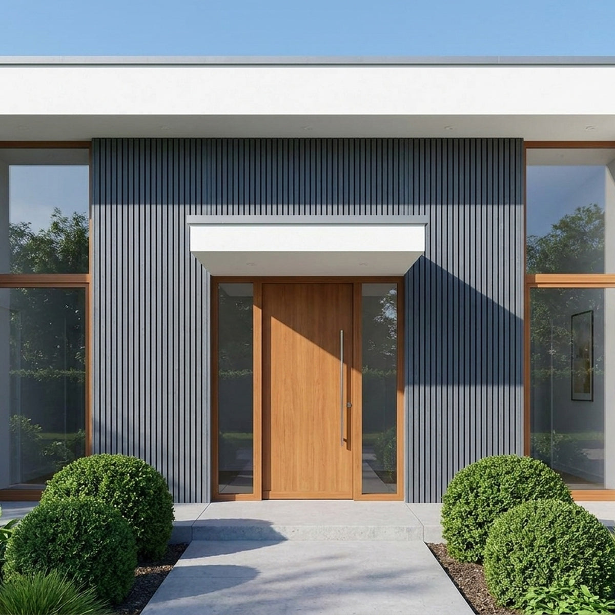 Buitenpanel Steengrijs 290 cm composiet gevelbekleding op de gevel van een bungalow