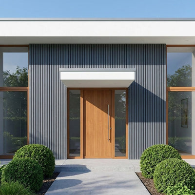 Buitenpanel Steengrijs 290 cm composiet gevelbekleding op de gevel van een bungalow