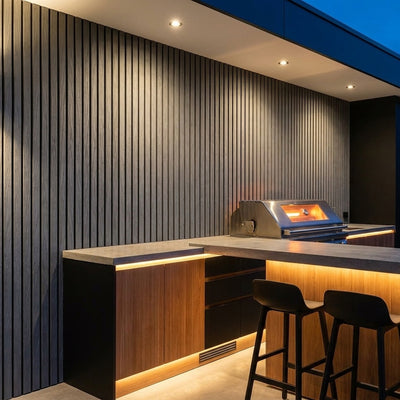 Buitenpanel Steengrijs 290 cm composiet gevelbekleding als wandbekleding bij de buitenkeuken