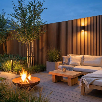 Buitenpanel Eiken 290 cm composiet gevelbekleding als tuinschutting bij de loungehoek