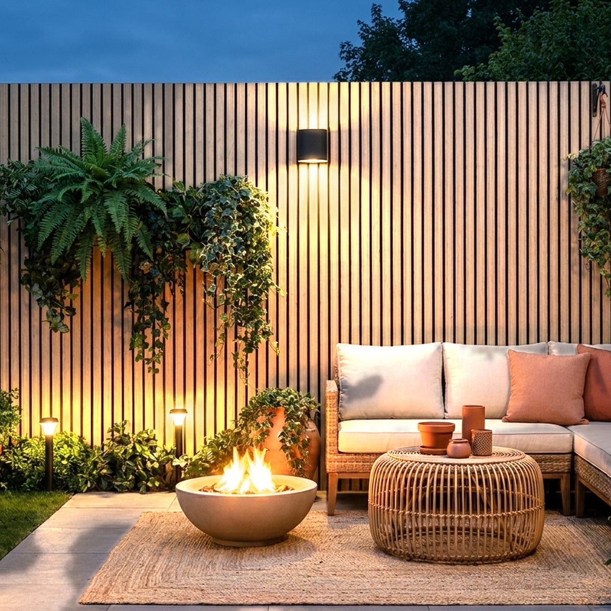 Buitenpanel Berk 290 cm composiet gevelbekleding als tuinschutting bij de loungehoek