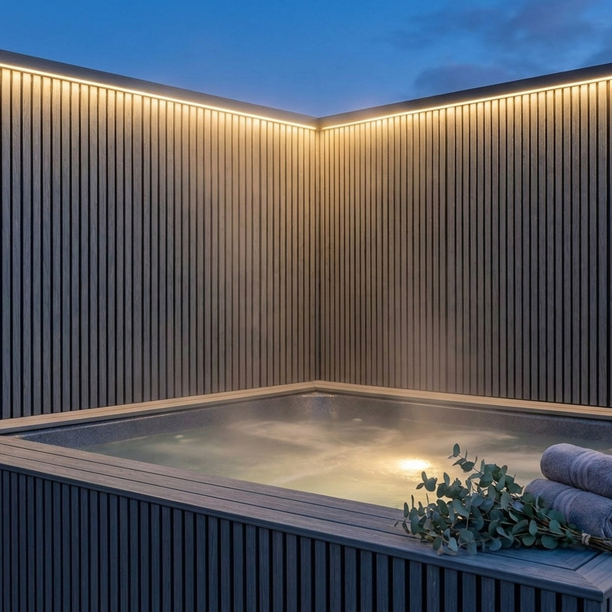 Buitenpanel Steengrijs 290 cm composiet gevelbekleding als wandbekleding bij de jacuzzi