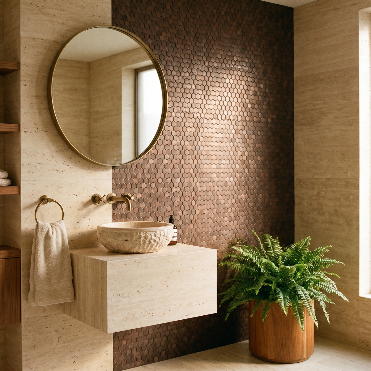 Mini Hexagon 3D Donkerkoper mozaiek badkamer travertijn