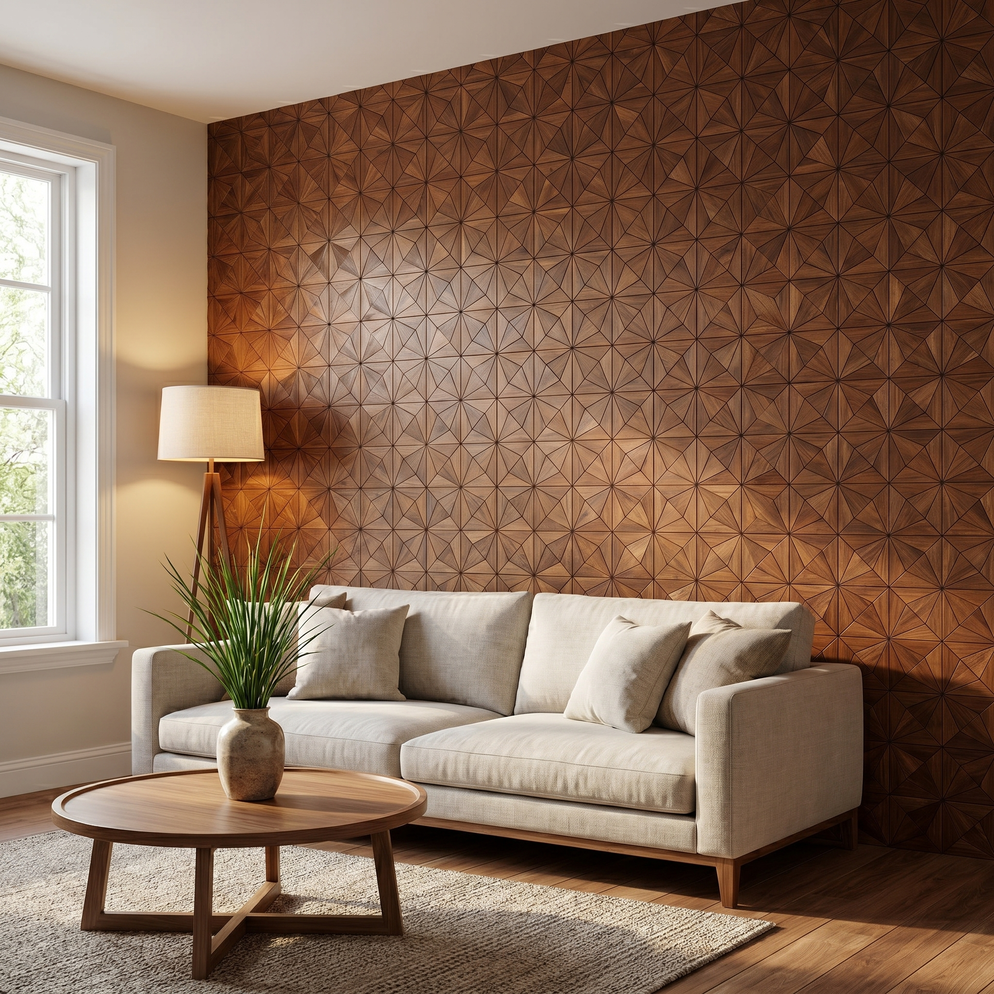 Nolan Brown decoratief houten wandpaneel in moderne woonkamer