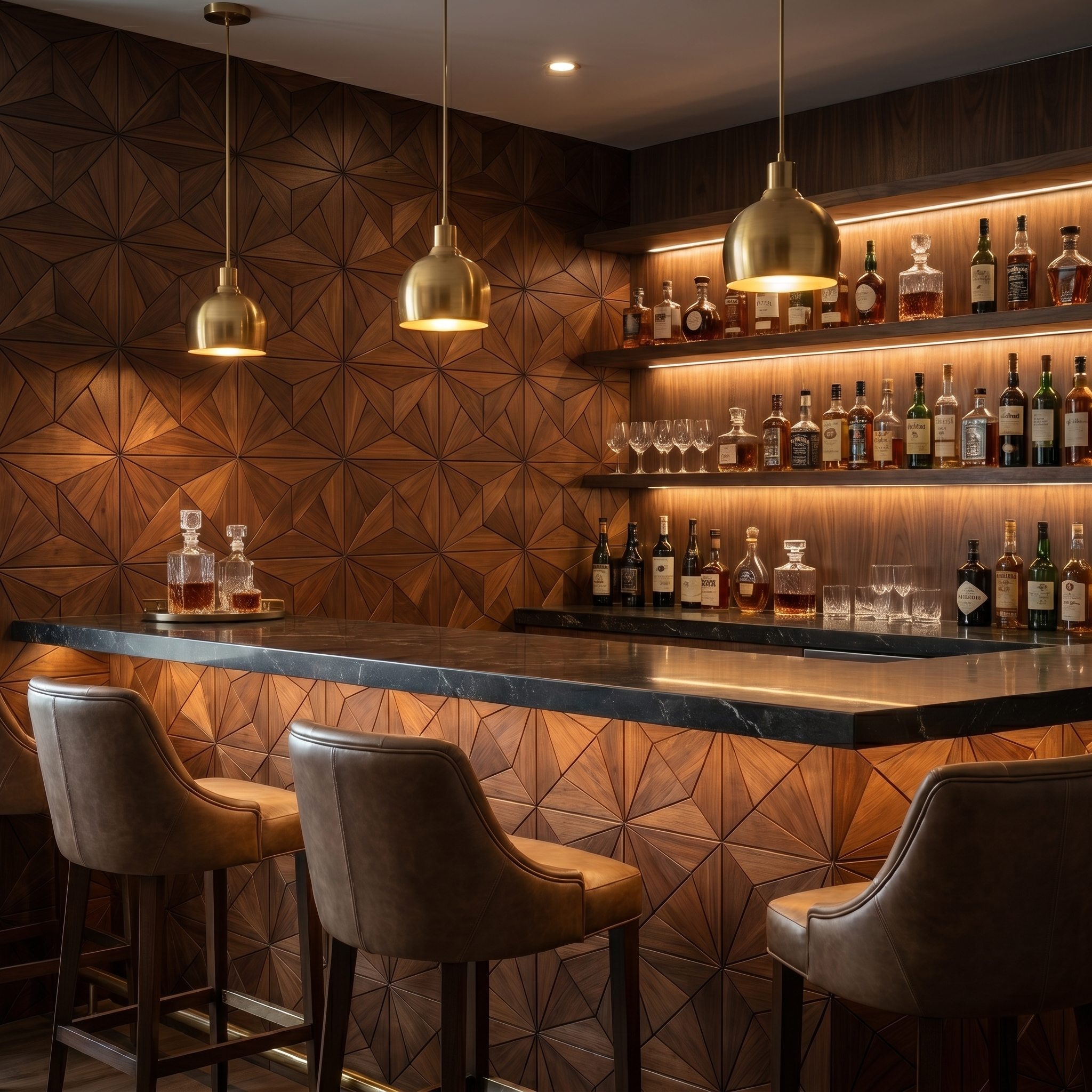 Nolan Brown wandpaneel als bar-achterwand met flessen en pendels