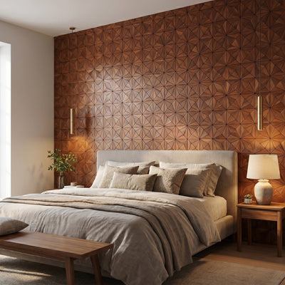 Nolan Brown wandpaneel achter het bed in slaapkamer