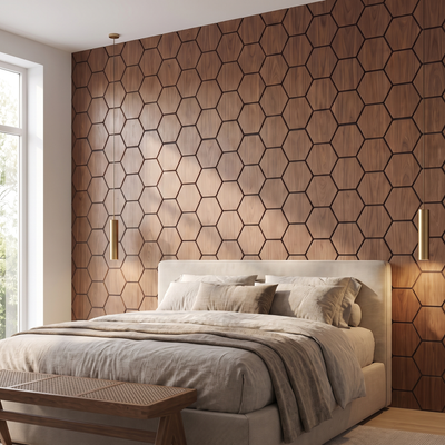 Hexagon walnoot wandpaneel achter het bed in slaapkamer