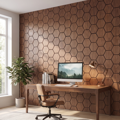 Hexagon walnoot wandpaneel in home-office achter bureau