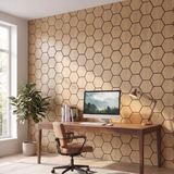Hexagon naturel eiken wandpaneel in home-office achter bureau