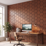 Hexagon gerookt eiken akoestisch wandpaneel in home-office achter bureau