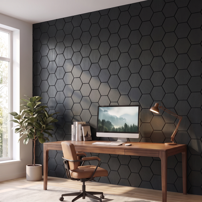Hexagon zwart wandpaneel in home-office achter bureau