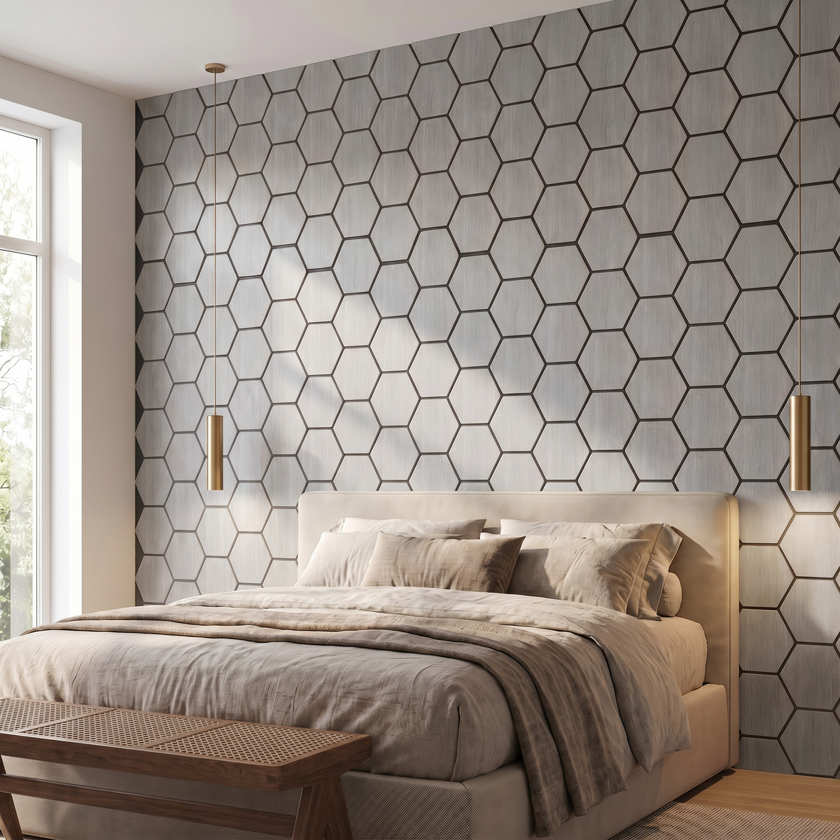 Hexagon grijs walnoot wandpaneel achter het bed in slaapkamer