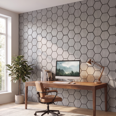 Hexagon grijs walnoot wandpaneel in home-office achter bureau