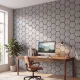 Hexagon grijs walnoot wandpaneel in home-office achter bureau