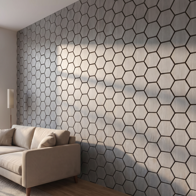 Hexagon grijs walnoot wandpaneel zijaanzicht met 3D diepte