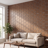 Hexagon walnoot met grijs vilt akoestisch wandpaneel in moderne woonkamer