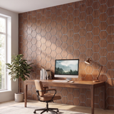 Hexagon walnoot met grijs vilt wandpaneel in home-office achter bureau