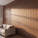 Hexagon walnoot met grijs vilt wandpaneel zijaanzicht met 3D diepte