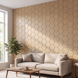 Hexagon naturel eiken met grijs vilt wandpaneel in moderne woonkamer