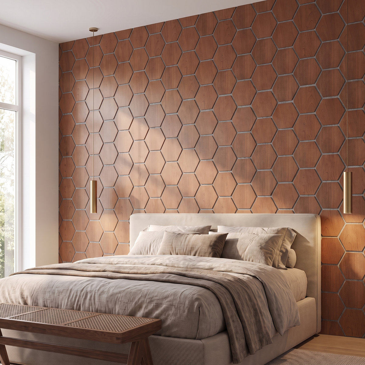 Hexagon gerookt eiken met grijs vilt wandpaneel achter het bed in slaapkamer