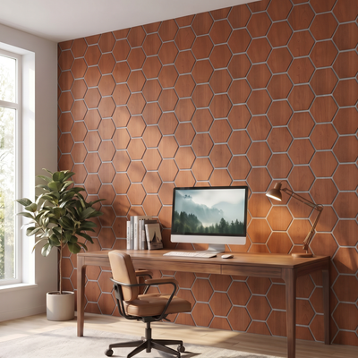 Hexagon gerookt eiken met grijs vilt wandpaneel in home-office achter bureau