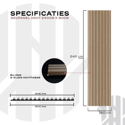 AkuPanel Naturel Eiken-Hout met Grijs Vilt | 240cm x 60cm | 3-zijdig écht houtfineer