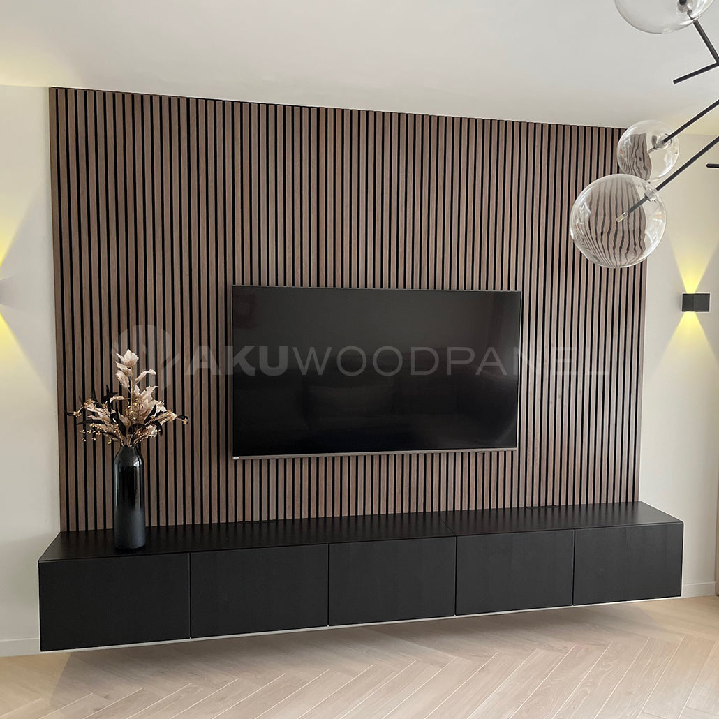 Akupanel walnoot akoestisch wandpaneel 300 x 60 cm met écht houtfineer